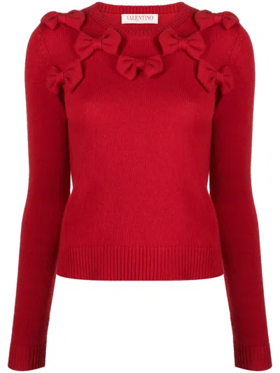 Valentino Bow-embellished Virgin Wool Jumper In Red
