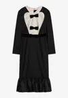 Valentino Belted Bow-embellished Velvet And Ottoman-trimmed Wool Midi Dress In Black