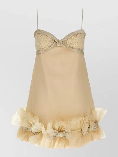 Valentino Bow Lace Dress Ruffle Hem Straps In Multi