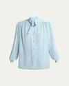 Valentino Bow-neck Silk Button-down Blouse In Blue