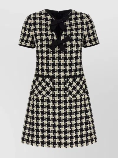 VALENTINO BOW NECKLINE SHORT SLEEVE TEXTURED FABRIC DRESS