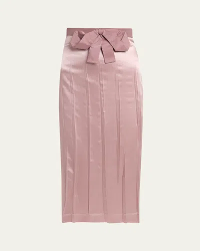 Valentino Bow Pleated Satin Midi Skirt In Brown