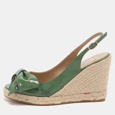 Pre-owned Valentino Garavani Bow Size 37 Green Patent Leather Wedge Slingback Sandals