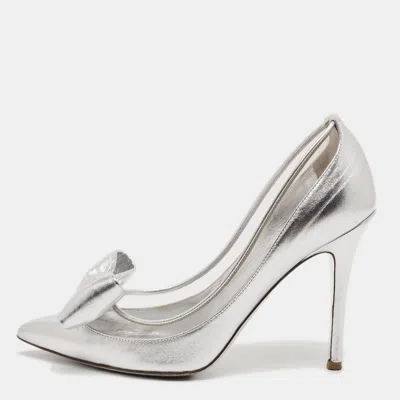 Pre-owned Valentino Garavani Bow Size 37.5 Silver Leather And Pvc Pumps