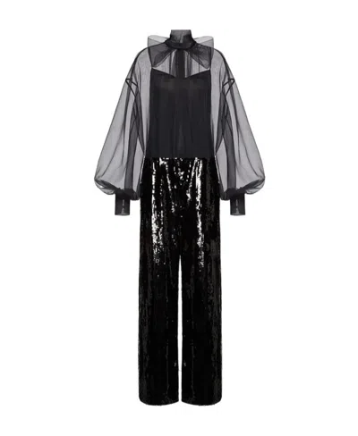 Valentino Bow-trimmed Long-sleeved Jumpsuit In Black