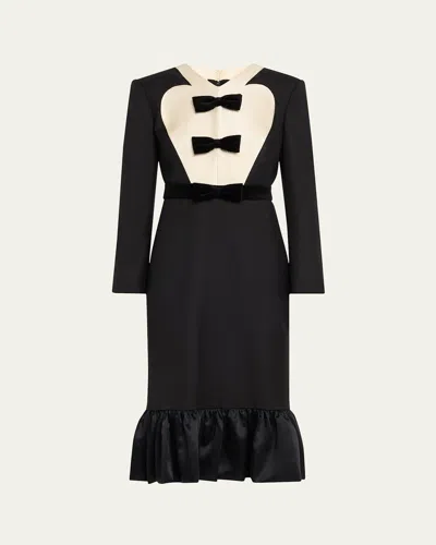 Valentino Belted Bow-embellished Velvet And Ottoman-trimmed Wool Midi Dress In Black