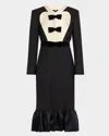 Valentino Belted Bow-embellished Velvet And Ottoman-trimmed Wool Midi Dress In Beigeblack