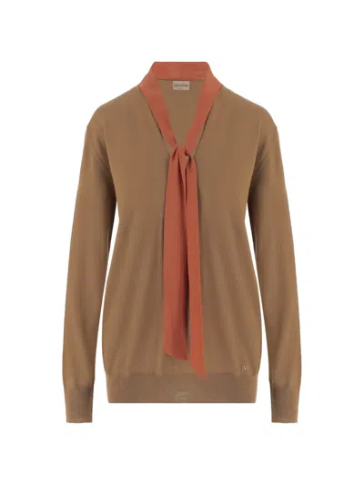 Valentino Bow-detail V-neck Sweater In Brown