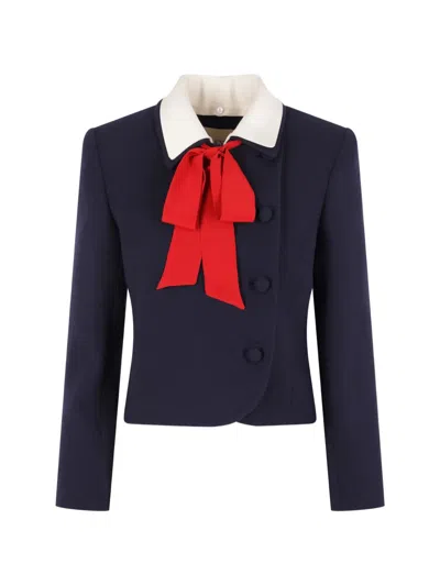 Valentino Bow-detail Wool Jacket In Blue