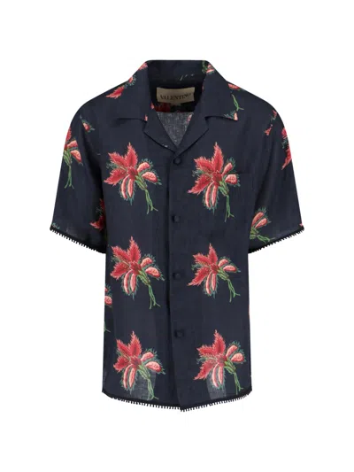 Valentino Camp Collar Shirt Floral Pattern Short Sleeves In Blue