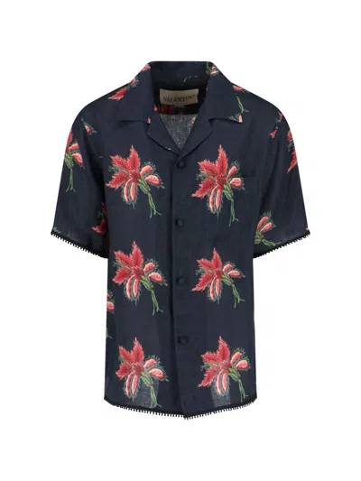 Valentino Camp Collar Shirt Floral Pattern Short Sleeves In Blue