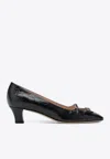 Valentino Garavani Bow Detail Black Crocodile-embossed Leather Heels In Black