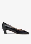 Valentino Garavani Bow Detail Black Crocodile-embossed Leather Heels In Black