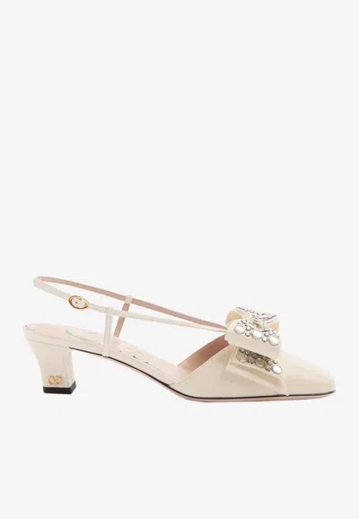 Valentino Garavani Bowow 45 Crystal Embellished Slingback Pumps In White
