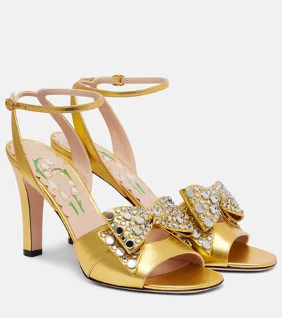 Valentino Garavani Bowow 95 Embellished Metallic Leather Sandals In Gold