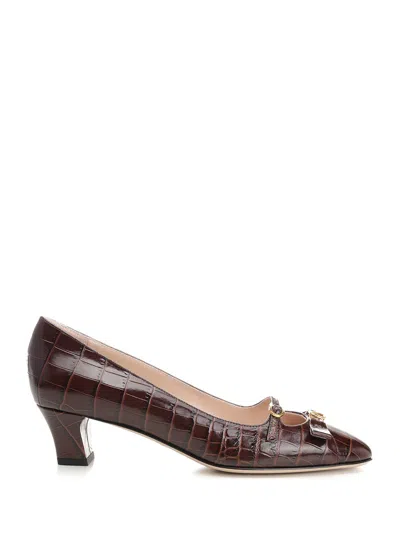 Valentino Garavani Brown Crocodile Effect Calfskin Pumps With Bow And Medium Heel