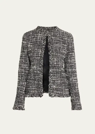 Valentino Braided Collar Tweed Fitted Jacket In Black/medium Gray/white