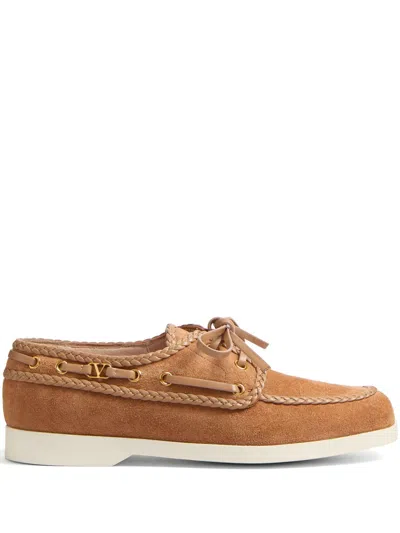 Valentino Garavani Braided-edge Boat Shoes In Brown