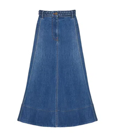 Valentino Braided-waist Denim Midi Skirt In Blue