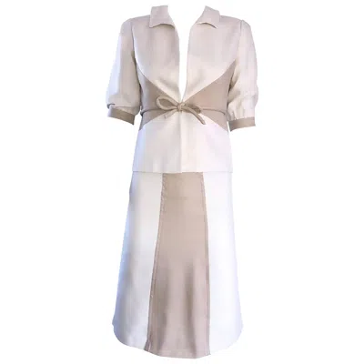 Pre-owned Valentino Brand New  Nwt $3, 600 Ivory + Beige Taupe 2004 Size 4 Silk Skirt Suit In White