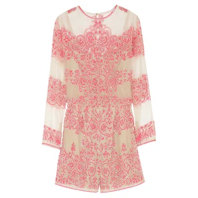 Pre-owned Valentino Breathtaking Hand-embroidered Tulle Jumpsuit Romper Playsuit 4 Xs In Sand