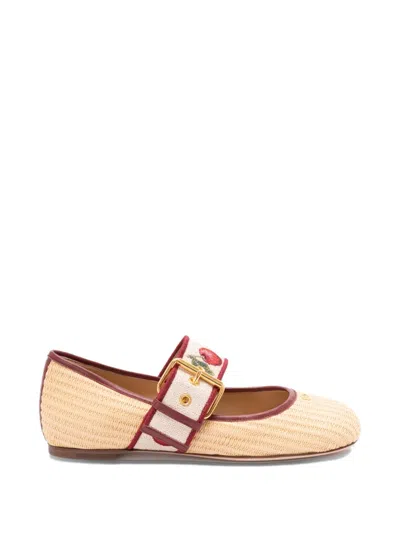 Valentino Garavani Mary-jane Bribri Raffia Ballerina With Cherryfic Embroidery Woman Beige 41 In Multi