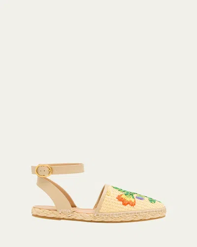 Valentino Garavani Bribri Raffia Flower Flat Espadrille Sandals In Neutral