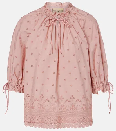 Valentino Tie-detailed Gathered Broderie Anglaise Cotton Blouse In Pink