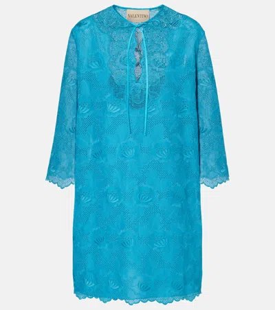 Valentino Broderie Anglaise Silk-trimmed Cotton Kaftan In Blue