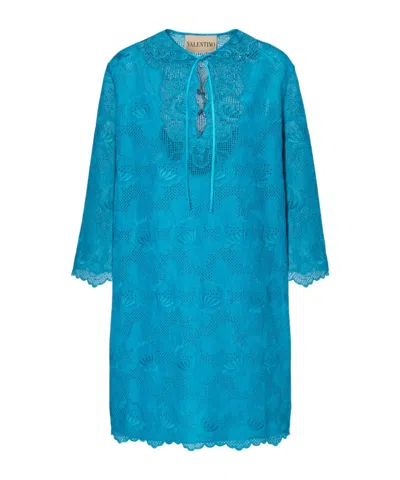 Valentino Tie-detailed Broderie Anglaise Cotton Mini Dress In Blue