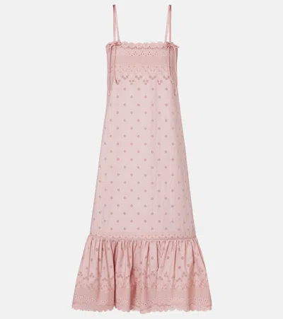 Valentino Broderie Anglaise Silk-trimmed Cotton Midi Dress In Pink