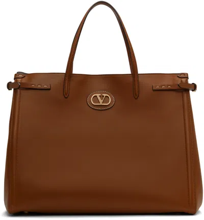 Valentino Garavani Brown Antibes Medium Calfskin Shopping Tote In N58 Tobacco