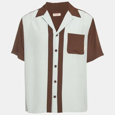 Pre-owned Valentino Brown/ Blue Satin Short Sleeve Bowling Shirt Xs