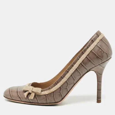 Pre-owned Valentino Garavani Brown Croc Embossed Leather Round Toe Pumps Size 37