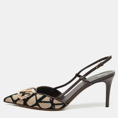 Pre-owned Valentino Garavani Brown Iconographe Canvas And Leather Vlogo Slingback Pumps Size 39.5