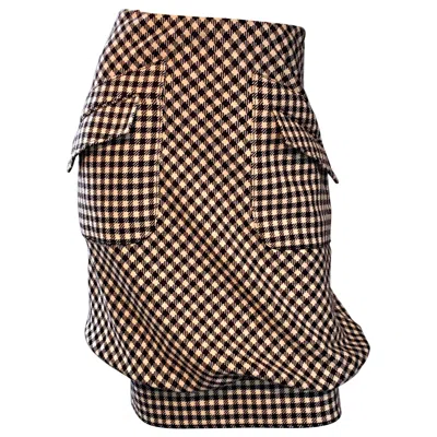 Pre-owned Valentino Brown Ivory Gingham Wool Bubble Hem Avant Garde Skirt W/ Pockets In White