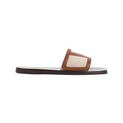 Valentino Garavani Valentino Brown Leather And Mesh Sandals With Textured Strap In Grey