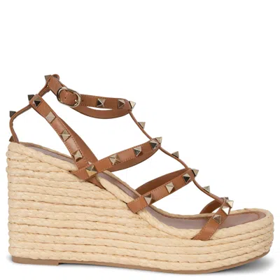 Pre-owned Valentino Garavani Valentino Brown Leather & Raffia 2024 Rockstud Cage Wedge Sandals Shoes 39