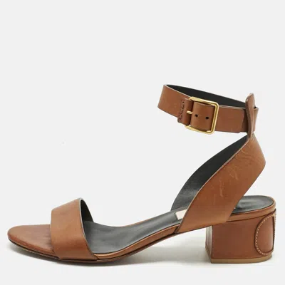 Pre-owned Valentino Garavani Brown Leather Ankle Strap Block Heel Sandals Size 35.5