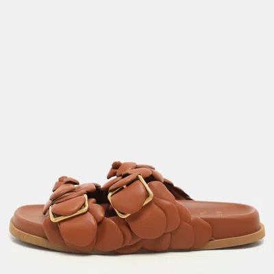 Pre-owned Valentino Garavani Brown Leather Atelier 03 Rose Edition Flat Slide Sandals Size 37
