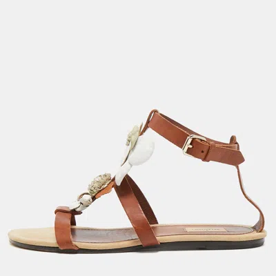 Pre-owned Valentino Garavani Brown Leather Flower And Leaf Strappy Flat Sandals Size 40.5