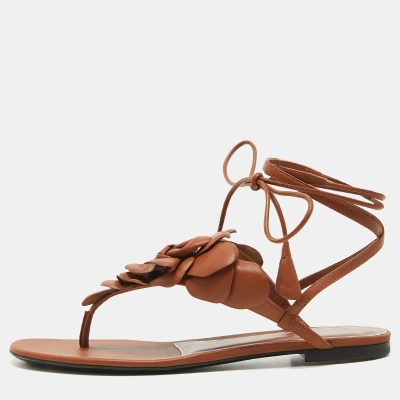 Pre-owned Valentino Garavani Brown Leather Flower Applique Ankle Tie Thong Flat Sandals Size 39