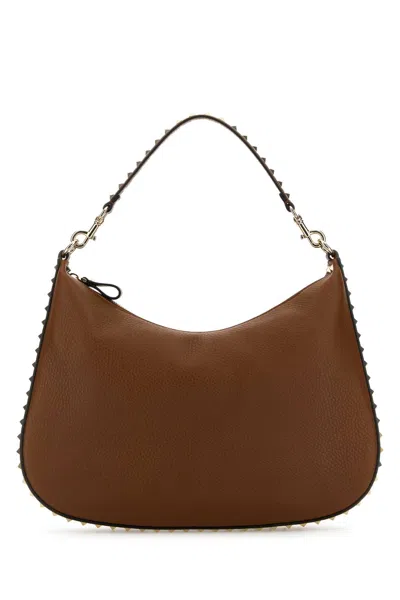 Valentino Garavani Brown Leather Hobo Rockstud Shoulder Bag In Tobacco