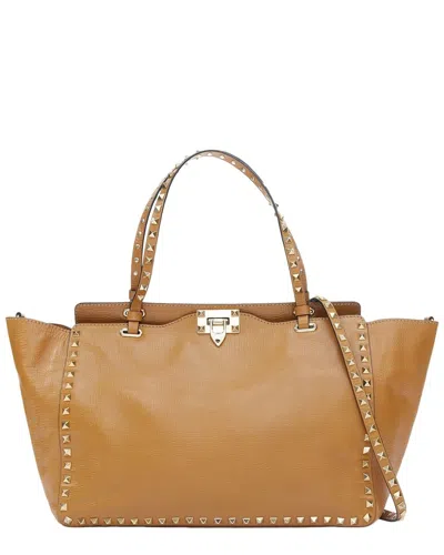 Pre-owned Valentino Garavani Valentino Brown Leather Rockstud Trapeze Satchel Bag (authentic Pre-loved)