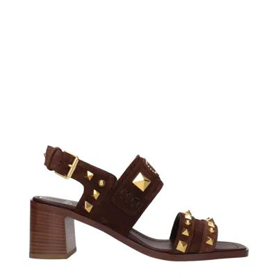 Valentino Garavani Brown Leather Strap-on Sandals In Burgundy