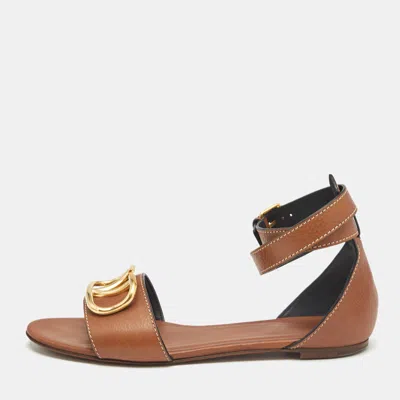 Pre-owned Valentino Garavani Brown Leather Vlogo Slingback Flat Sandals Size 38.5
