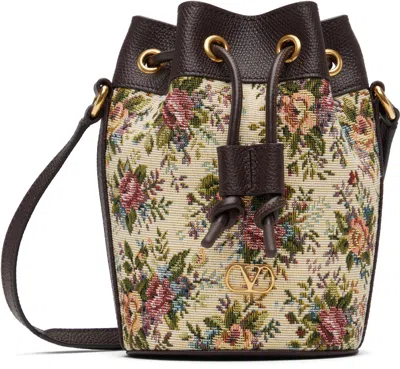 Valentino Garavani Brown Mini Vlogo Signature Drawstring Floral Bag