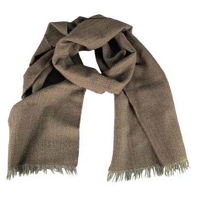 Pre-owned Valentino Brown Olive Herringbone Wool Fringe Scarf