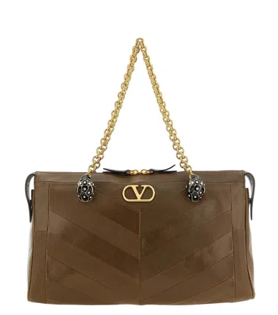 Valentino Garavani Panthea Leather Shoulder Bag With Chevron Embroidery In Brown