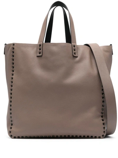 VALENTINO GARAVANI BROWN ROCKSTUD LEATHER TOTE BAG